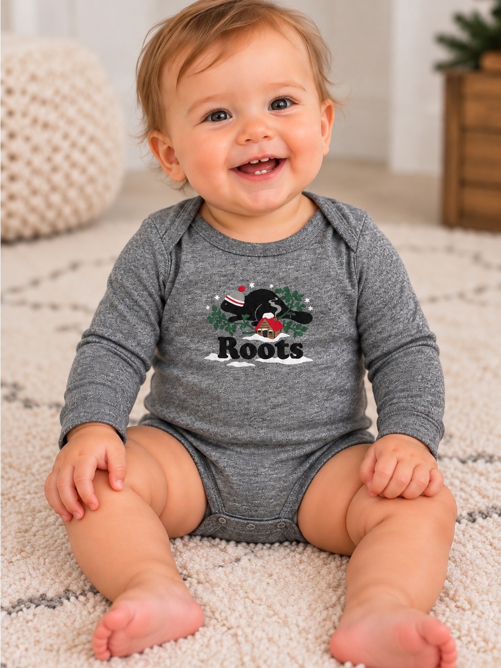 🦫Roots Baby Long Sleeve Bodysuit – Size 12–18 Months – Salt & Pepper Grey